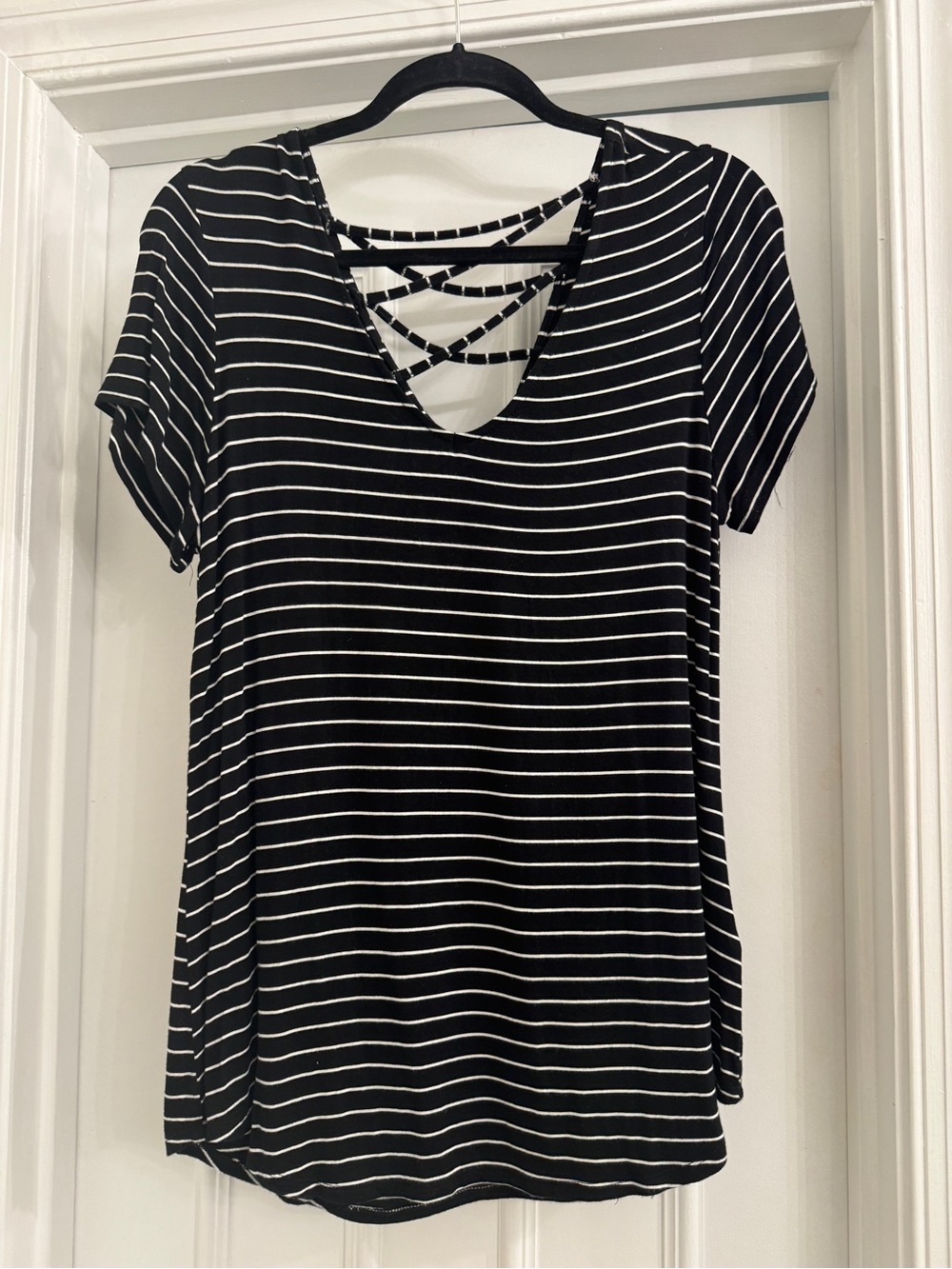 Cable & Gauge Black and White Striped Short Sleeve Tee with Crisscross Back